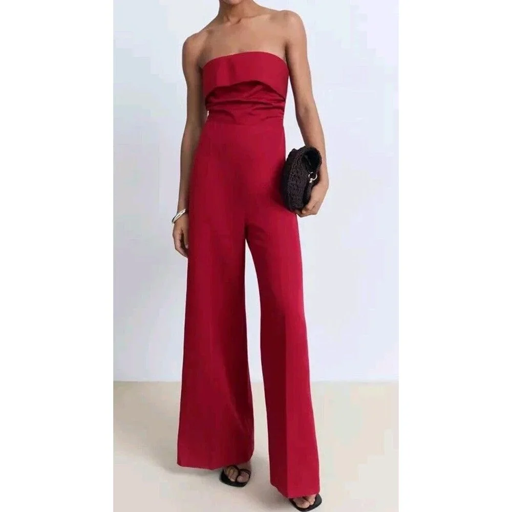 Sz S - MNG Mango Long Strapless Jumpsuit Red